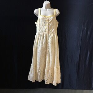 Lapogee Yellow White Eyelet Midi Dress XL NWT Button Front Smocked Sundress
